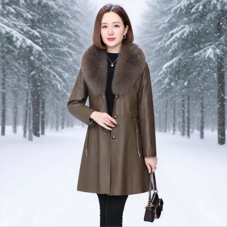 真皮羽绒服女2025冬季新款高端狐狸毛领海宁绵羊皮皮衣外套中长款