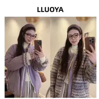 LLUOYA - 两面穿香芋紫撞色条纹麂皮绒加厚皮毛一体外套