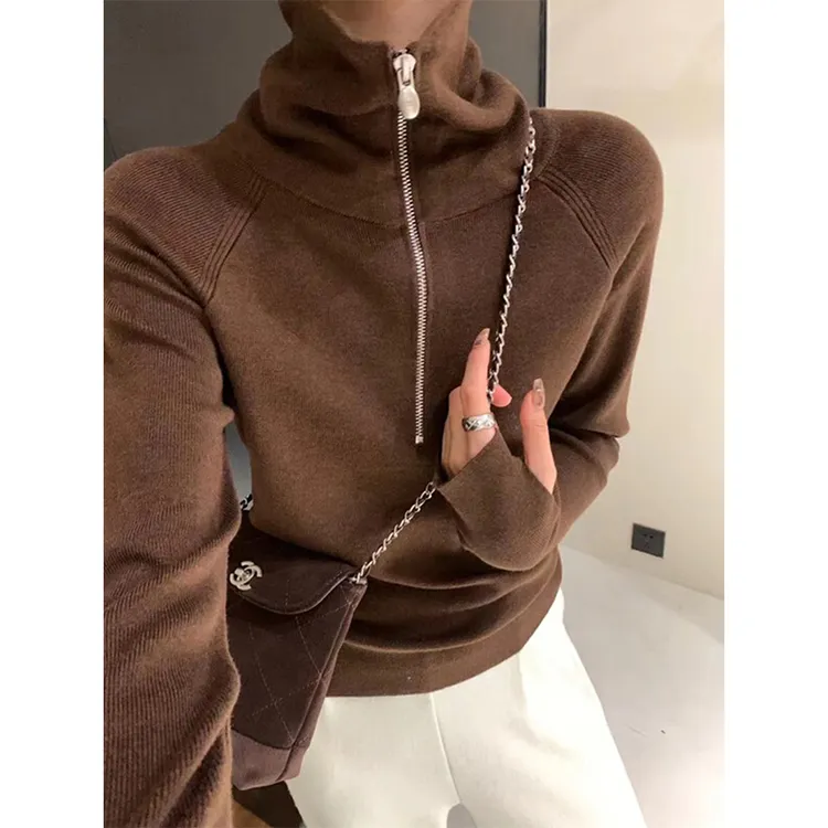 半拉链高领内搭针织打底衫女冬季设计感修身显瘦翻领毛衣棕色上衣
