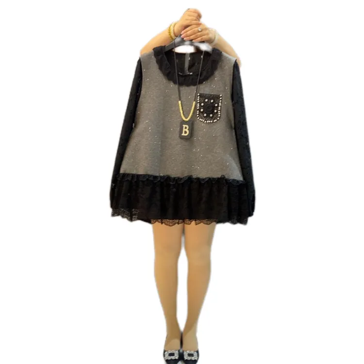 冬季新款女装必备蕾丝拼接气质显瘦宽松百搭休闲马甲衫胖妹妹套装