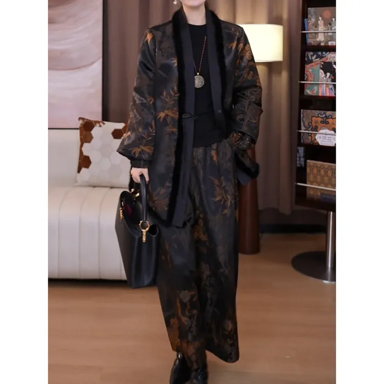 新中式复古国风百搭轻奢时尚休闲宽松遮肉印花棉服裤两件套装2025