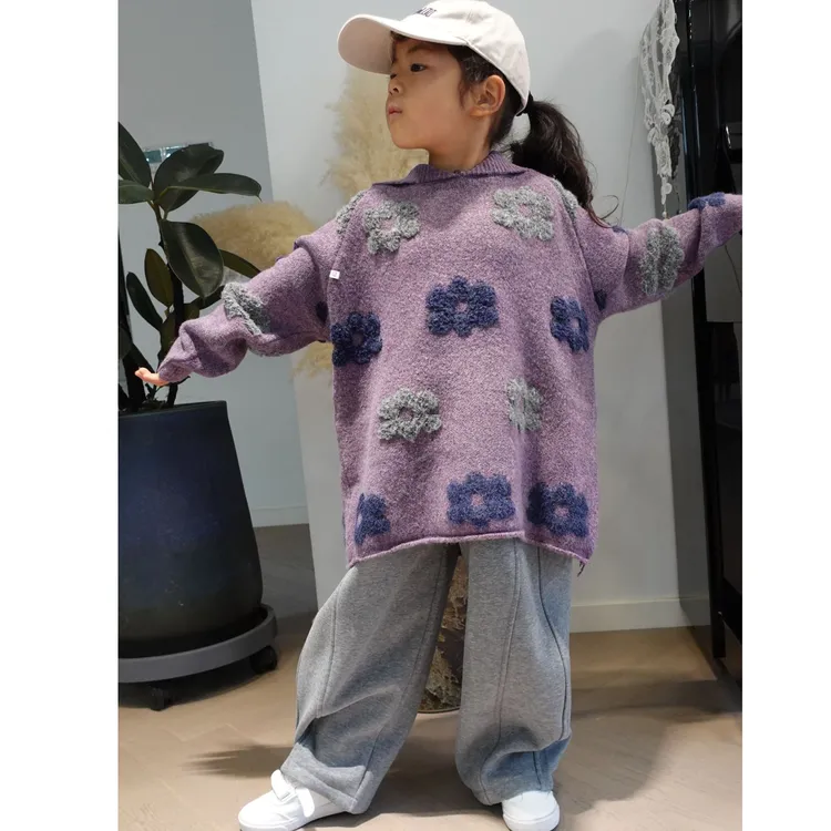 女童秋冬连帽紫色甜美毛衣2025大童冬季加厚花朵针织衫两件套