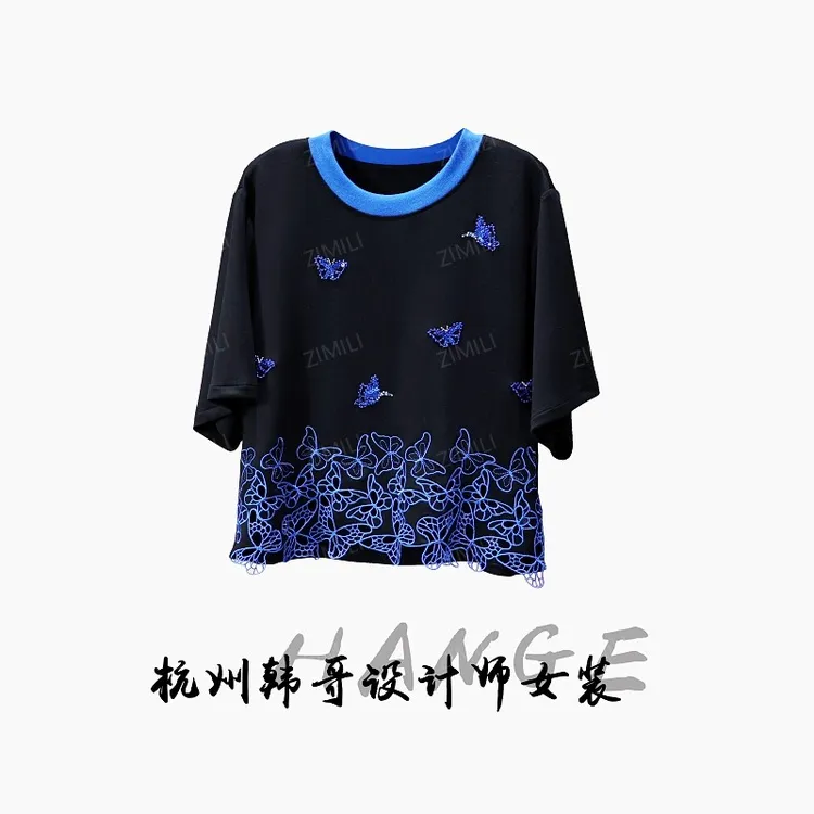 【韩哥女装】2025欧货设计师黑色重工刺绣蕾丝高克重短袖8283-B8