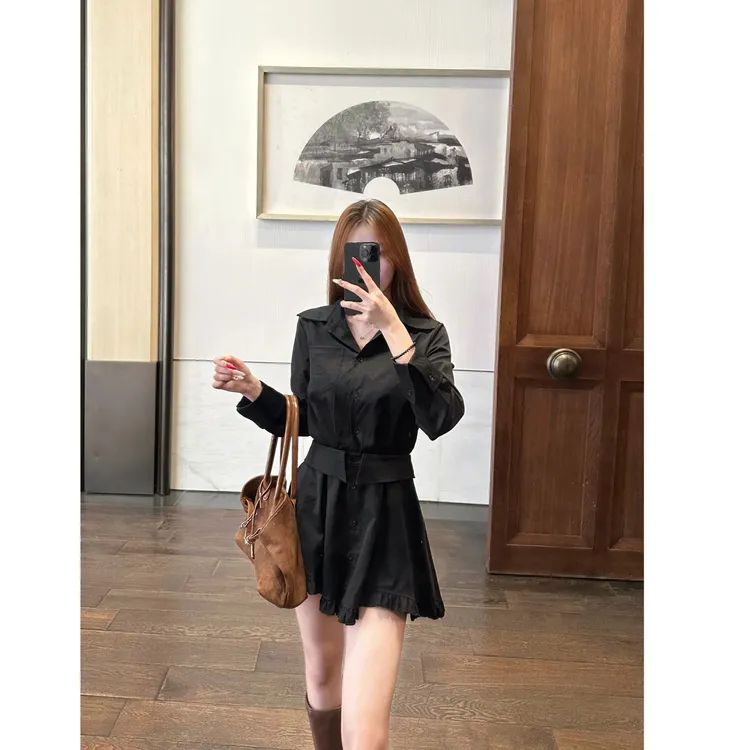 时尚气质设计感假两件衬衫裙早秋荷叶边连衣裙