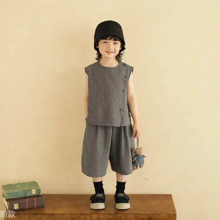 砚台家男童条纹无袖衬衫套装2025夏装新款儿童全棉背心短裤两件套
