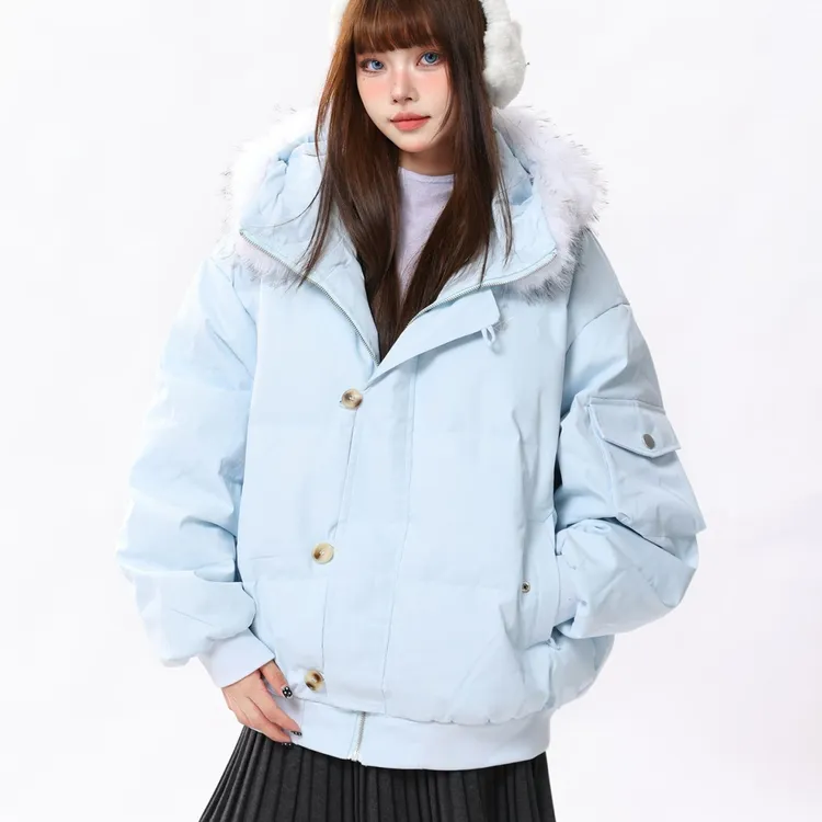 2025新款温柔慵懒风蓝色连帽毛领棉服宽松休闲保暖设计感棉衣外套