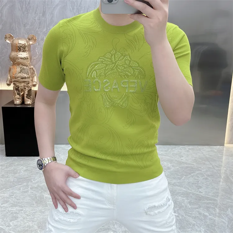 毛衣男2025秋季新款欧货时尚提花烫钻网红修身帅气圆领短袖针织衫