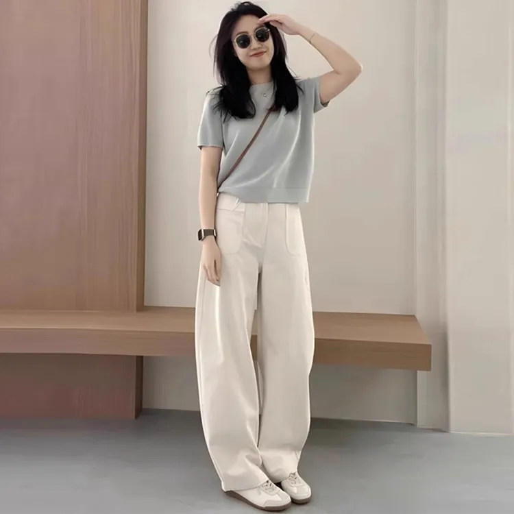 小个子简约时尚休闲套装女夏季短袖T恤上衣阔腿裤韩系穿搭一整套