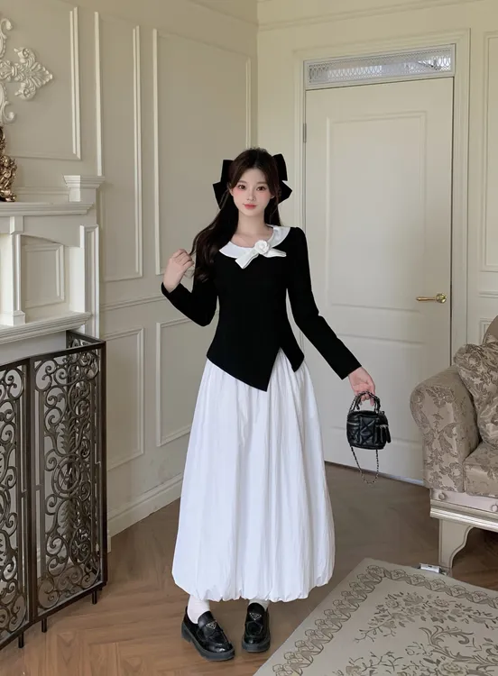 2025秋季大码女千金风法式上衣高腰花苞半身裙两件套80426+80269