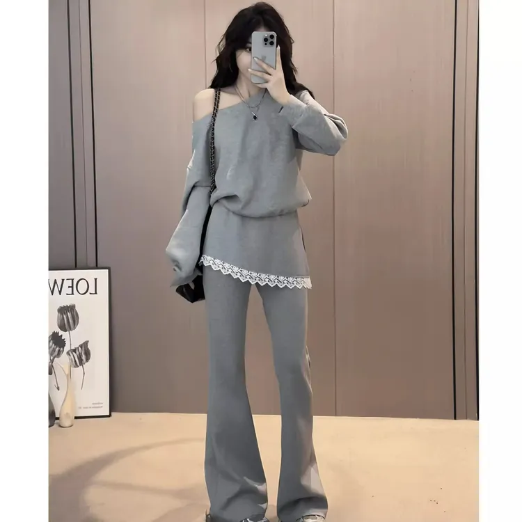 韩系时尚运动套装女设计感不规则蕾丝拼接露肩卫衣高腰显瘦阔腿裤