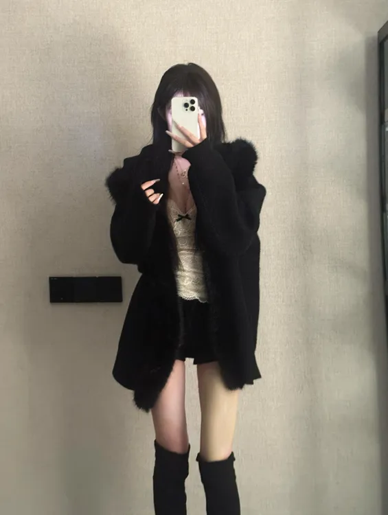 冬季新款气质慵懒风毛领连帽开衫外套高级感复古百搭宽松显瘦上衣