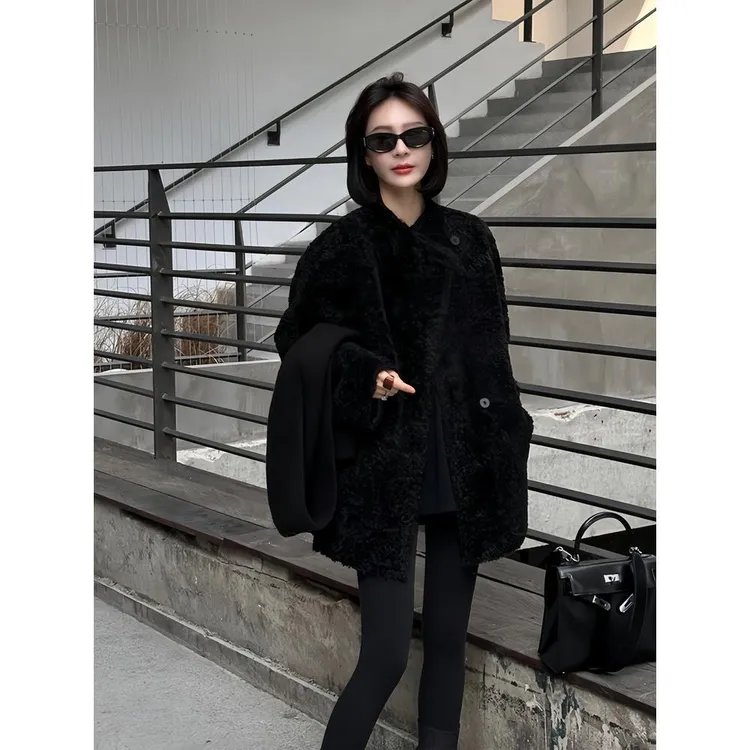 韩系两面穿环保一体外套女装冬黑色气质PU皮加厚保暖大衣时尚洋气