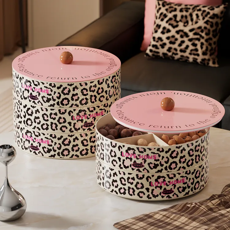 橱明星创意豹纹果盘带盖防尘干果盒多功能家用分格坚果零食糖果盒