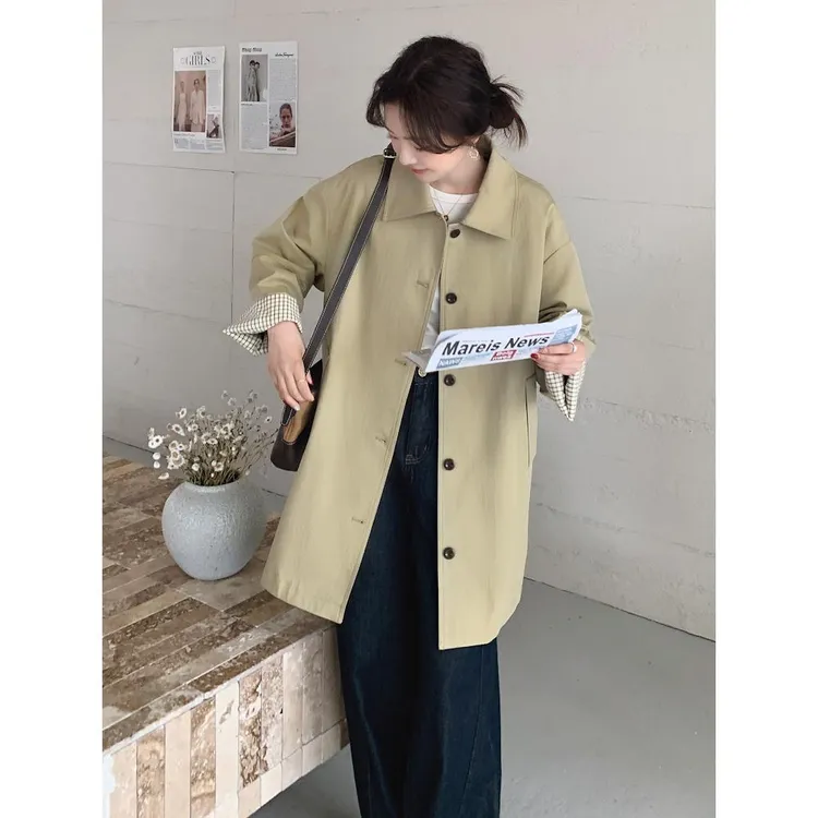 卡其色韩系休闲风衣女小个子2025春秋款爆款高级感翻袖中长款外套