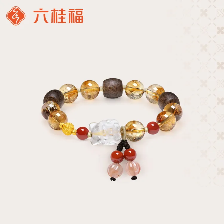 【六桂福珠宝】黄金金珠手链白水晶狐狸转运珠手串沉香玛瑙弹力绳