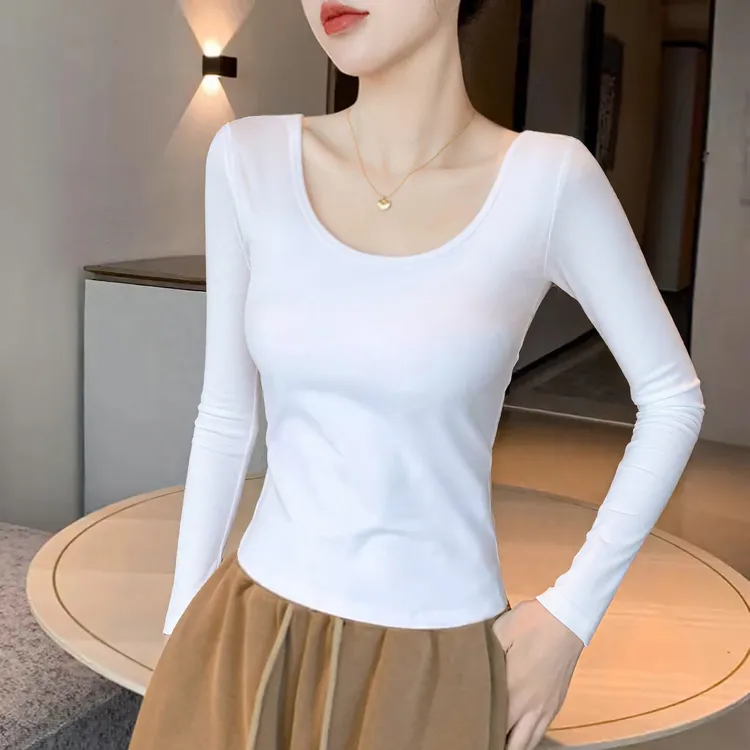 白色长袖双U领t恤女2025新款低领打底衫秋冬内搭修身洋气露背上衣