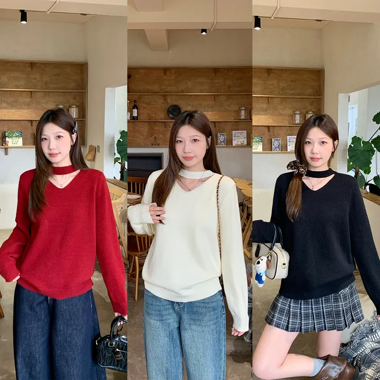 【鱼白专属】新年圣诞红色挂脖V领毛衣2025秋冬大码慵懒针织衫69398