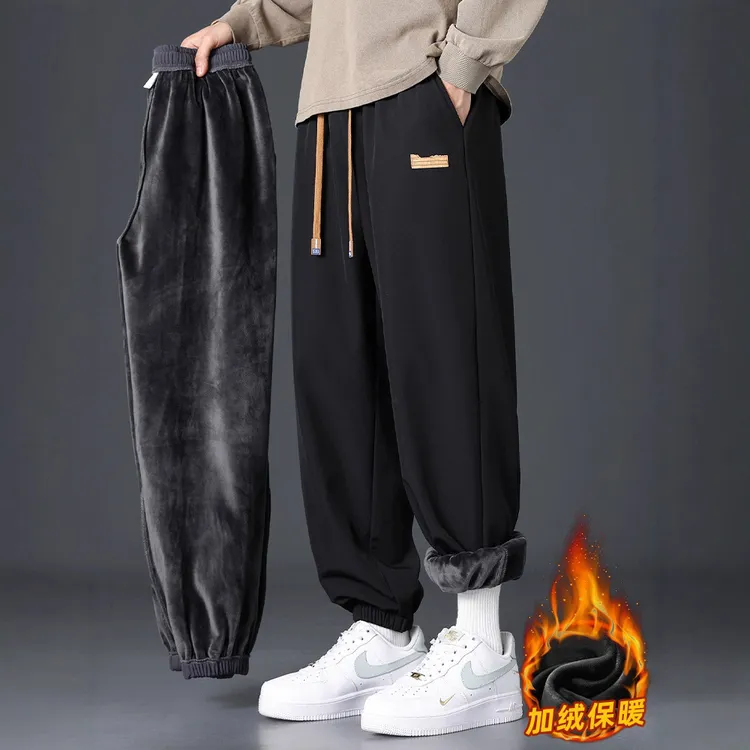 2025加绒裤子男士秋冬季新款棉裤加厚运动束脚卫裤宽松直筒休闲裤