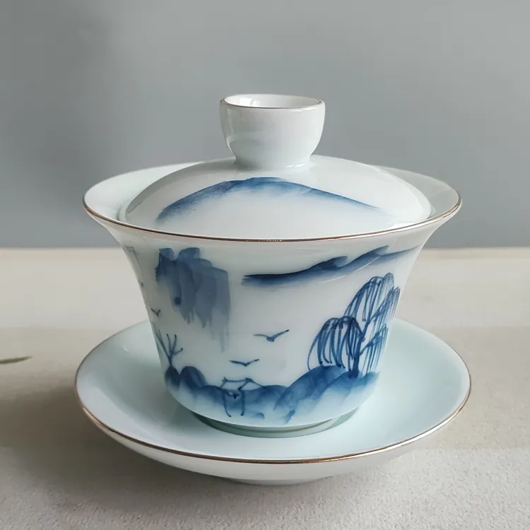 手绘青花山水三才盖碗功夫茶具家用泡茶器单个茶杯泡茶盖杯青瓷