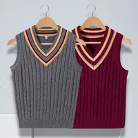 中小学生英伦风背心枣红校服针织衫条纹马甲男女童班服保暖秋冬款