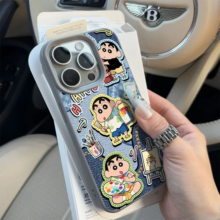 牛仔画画小新适用苹果16p/15手机壳iPhone14promax13荔枝纹12防摔