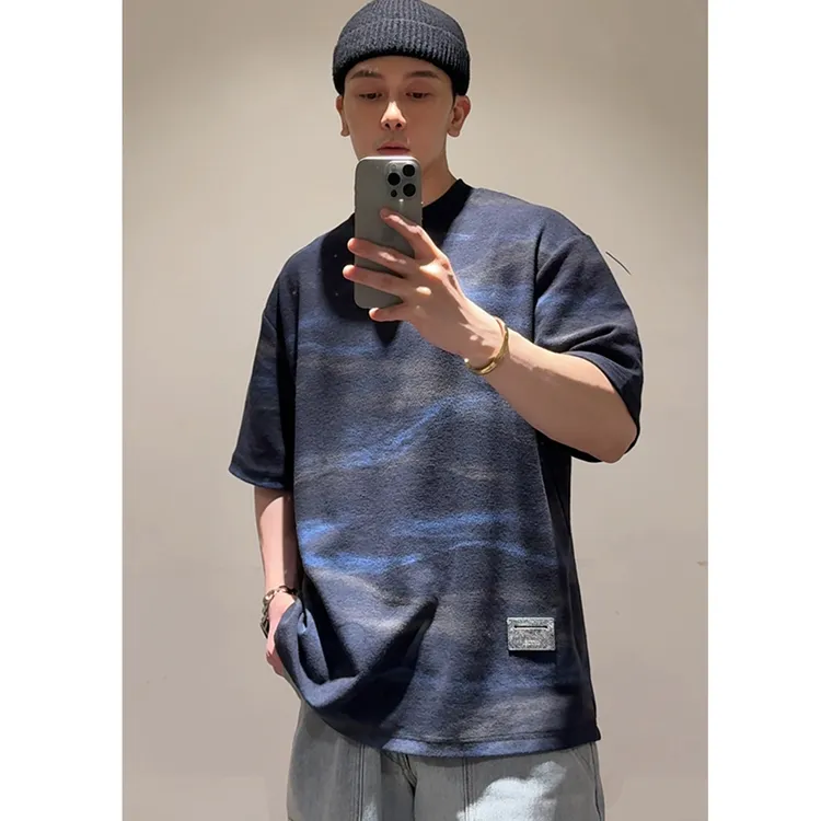MBH |蓼蓝染水墨扎染水洗肌理感短袖T恤男士美式半袖圆领上衣TEE