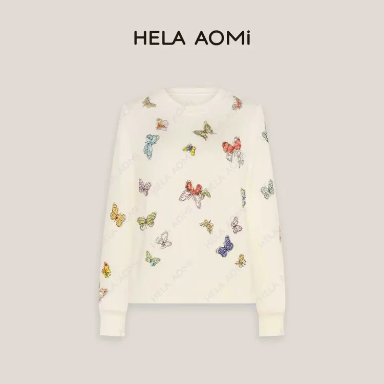 HELA AOMI“山羊绒100% 福蝶”圆领刺绣蝴蝶印花针织衫CY5CN31108