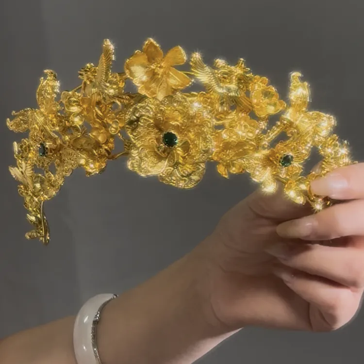 15452喜看宁宁老师独家新款金色冠百搭龙凤卦新娘头饰