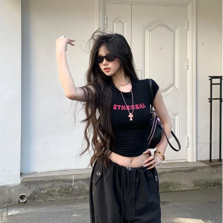 黑色短袖印花t恤女夏修身显瘦上衣美式辣妹宽松阔腿工装裤两件套