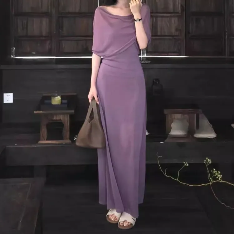 MARIE.COCO气质斜肩荡领堆叠蝙蝠短袖T恤宽松显瘦上衣半身裙套装