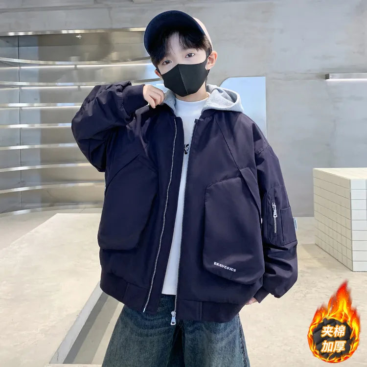 男童夹棉加厚外套秋冬款6-12岁中大童儿童帅气潮酷二棉连帽儿童装