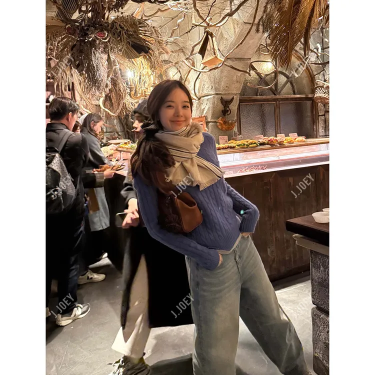 J.JOEY “100绵羊毛”简约百搭保暖蓝色针织毛衣0767