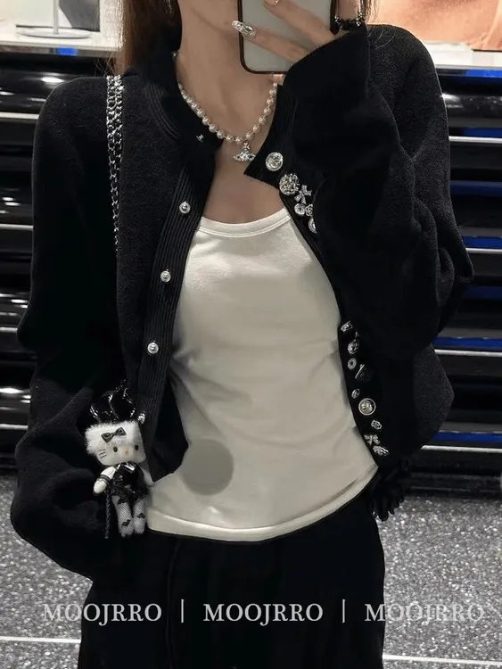 法式黑色针织开衫外套女2025年秋季小个子高级感气质名媛短款上衣