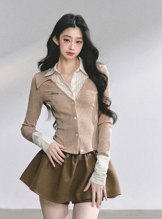 少也眼橡木诗歌%假两件美式长袖条纹T恤女秋季显瘦上衣针织polo衫