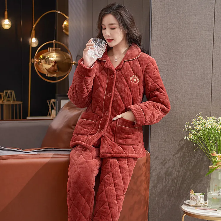 兰麦菓三层夹棉袄睡衣女士冬季2025新款加厚加绒保暖家居服套装