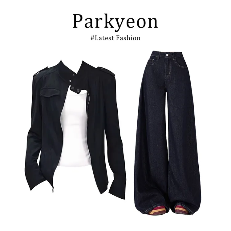 parkyeon痞帅炸街风立领短款夹克外套时尚微喇牛仔裤早秋两件套女