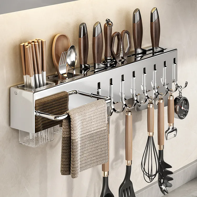 不锈钢刀具厨房置物架多功能免打孔壁挂刀架筷筒菜刀一体收纳架