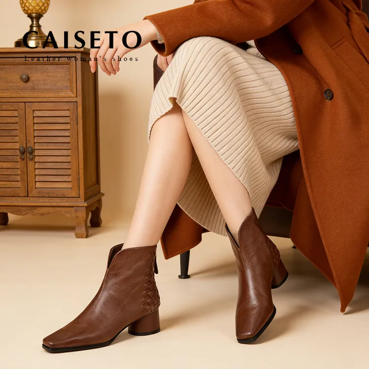 头层羊皮/4cm冬季新款百搭粗跟方头后拉链编织真皮短靴X011