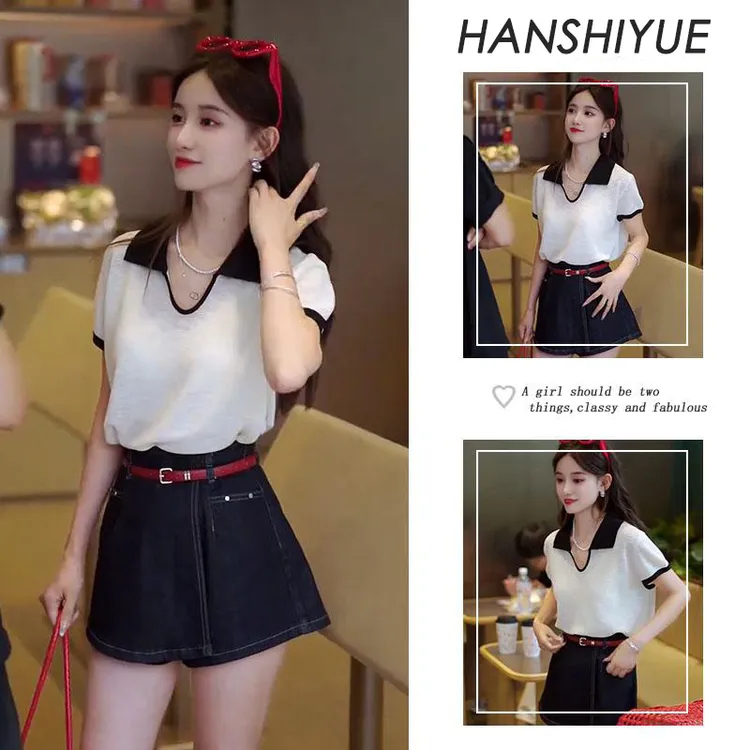 夏季时尚穿搭一整套2025年新款韩系百搭短袖上衣显瘦裙裤两件套装