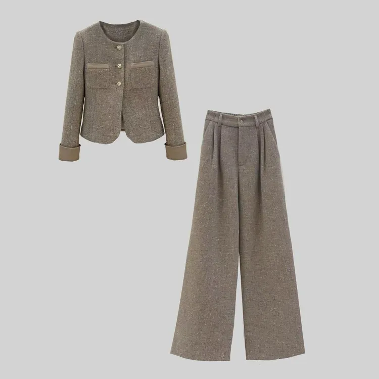 【纪朵研】Y019小香风休闲风时尚套装女装高腰复古套装秋冬阔腿裤女