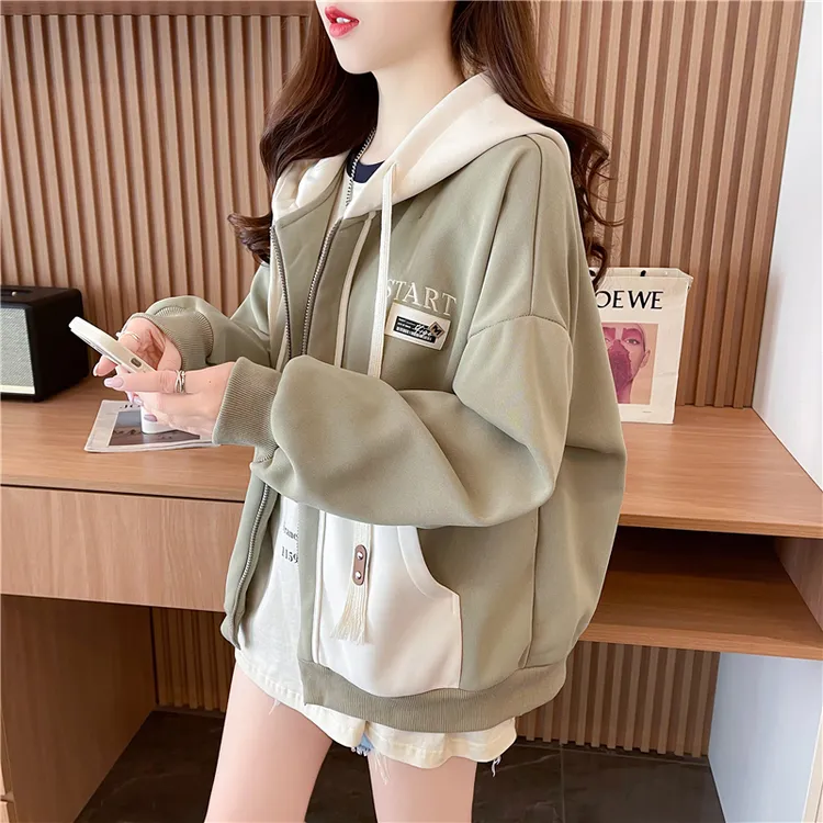 连帽卫衣女2025新款春秋季韩版宽松薄款撞色设计感小众小个子外套