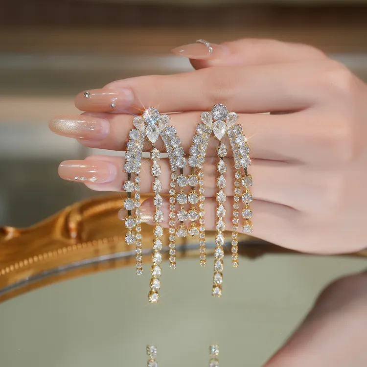 铜合金合成锆石耳饰 10569铃铛耳环日韩时尚法式几何图案满钻长款