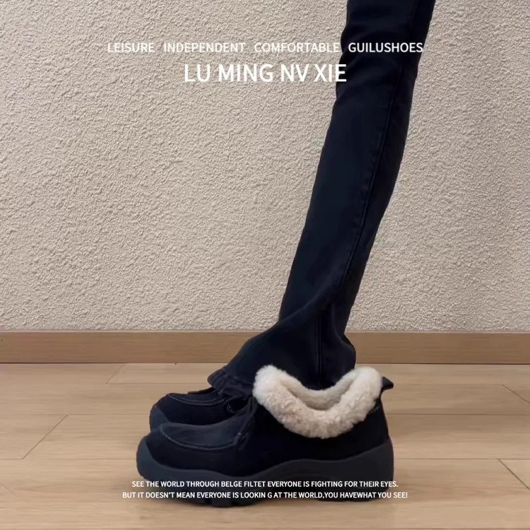 羊皮版~2025秋冬新款韩版厚底加绒毛毛乐福鞋女圆头魔术贴懒人鞋