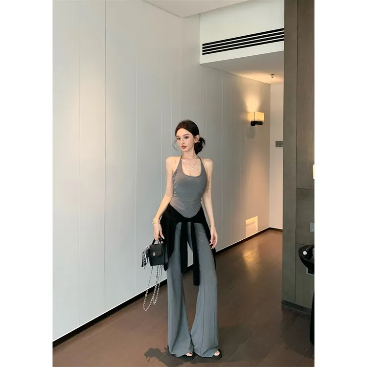 垂垂裤翻折腰头多色微喇叭休闲显瘦长裤背心套装A758-100