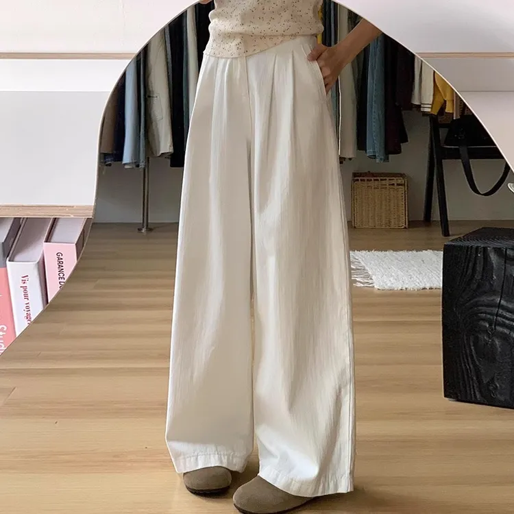 白色高腰宽松阔腿裤子女2025年新款小个子休闲运动垂坠感直筒长裤