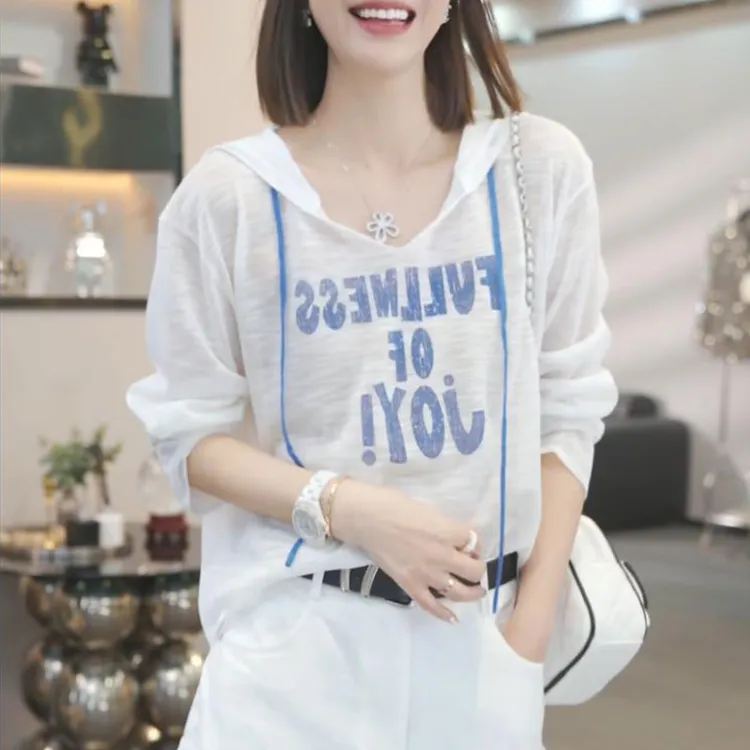 设计感撞色薄款防晒长袖t恤女2025夏季新款休闲宽松防晒罩衫上衣