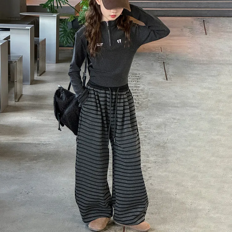 女童条纹气质直筒时髦裤子女孩显瘦时尚春秋百搭慵懒风百搭垂感裤