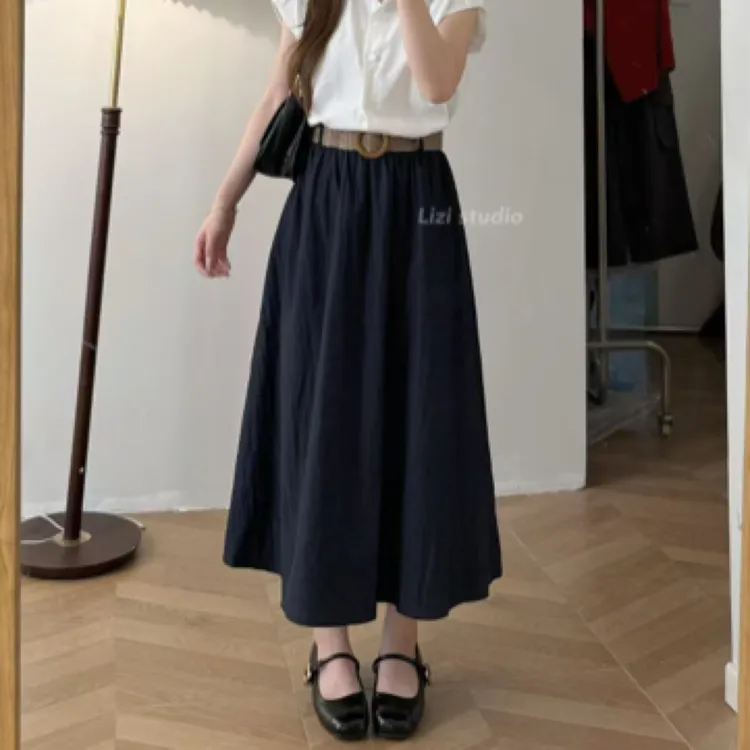 夏洛//栗子不甜藏青半身裙小个子白色衬衫套装温柔通勤百搭韩系感