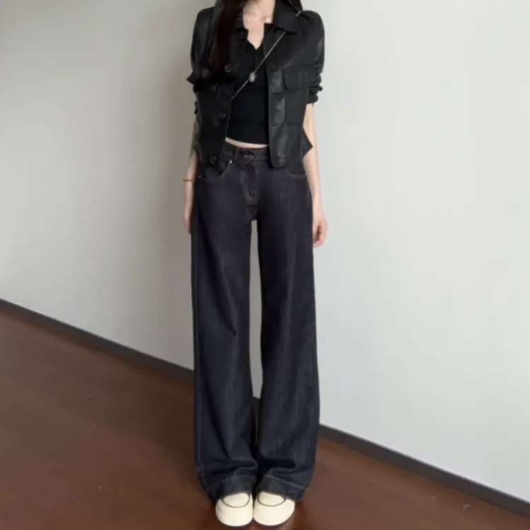 简约舒适丹宁蓝垂感牛仔裤女2025秋冬新款显瘦不贴腿宽松直筒裤子