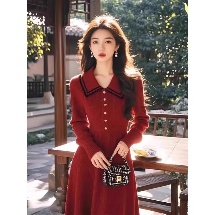 4127红色小香风气质收腰中长款连衣裙女春季高级感长袖针织长裙子